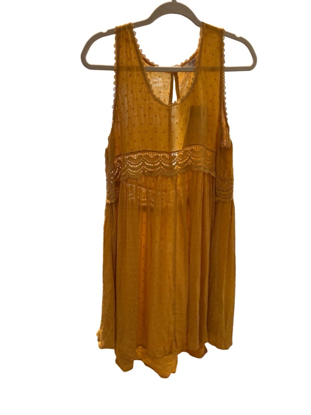 NWT Umgee Mustard Yellow Swiss Dot Lace Babydoll Dress Crochet Boho Mini L